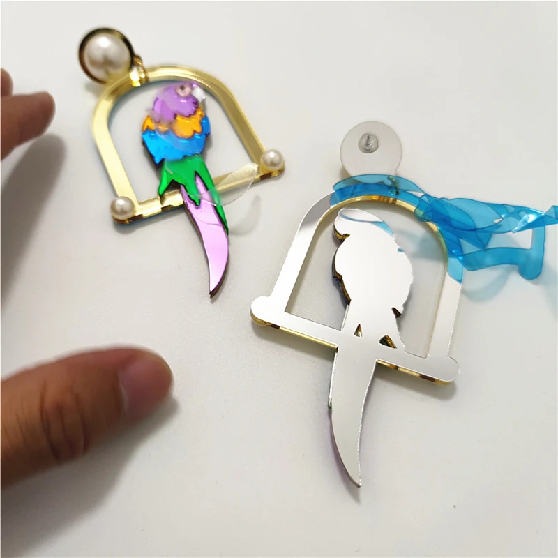 Длинные серьги KUGUYS "Длинный попугай" для женщин, красные и фиолетовые, большие подвески с зеркальным акрилом, имитацией жемчуга, эксцентричные модные украшения в виде птицы.