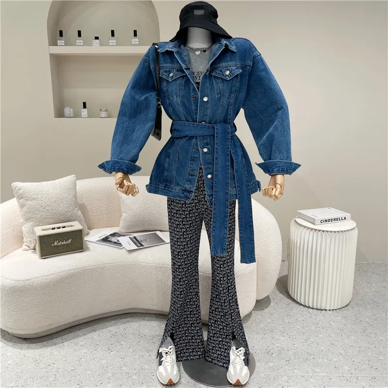 

Women's Spring Summer 2021 Fashion Lace up denim jacket Tooling pocket top Retro Mid length loose denim