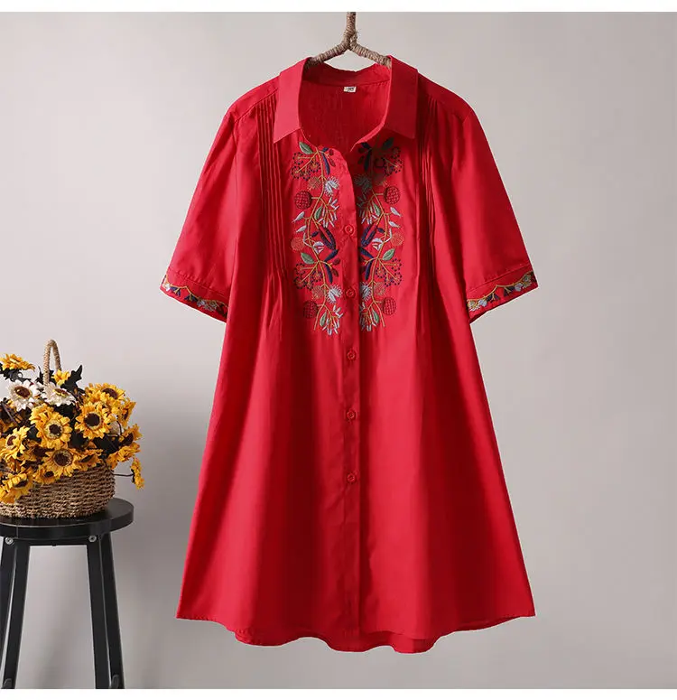 

Cotton White Embroidery Long Blouse Shirt For Women Plus Size Nation Short Sleeve Blouses Tops Loose Shirts Female Blusas New