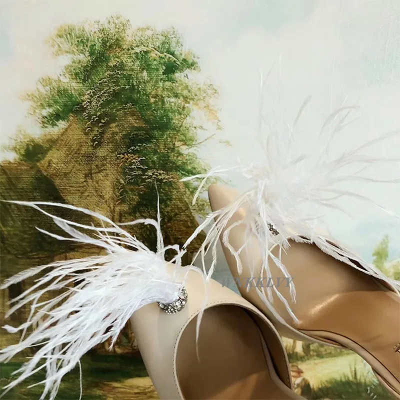 

Spring summer shoes women pointed toe Rhinestone feather decor high heels sexy sandals pumps Fashion fringe ladies stilettos