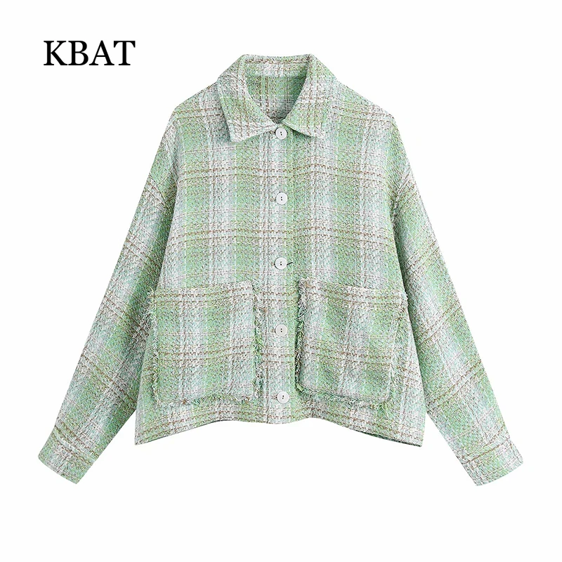 

Женская твидовая куртка KBAT оверсайз с потертостями, винтажная верхняя одежда с длинными рукавами и карманами, 2021
