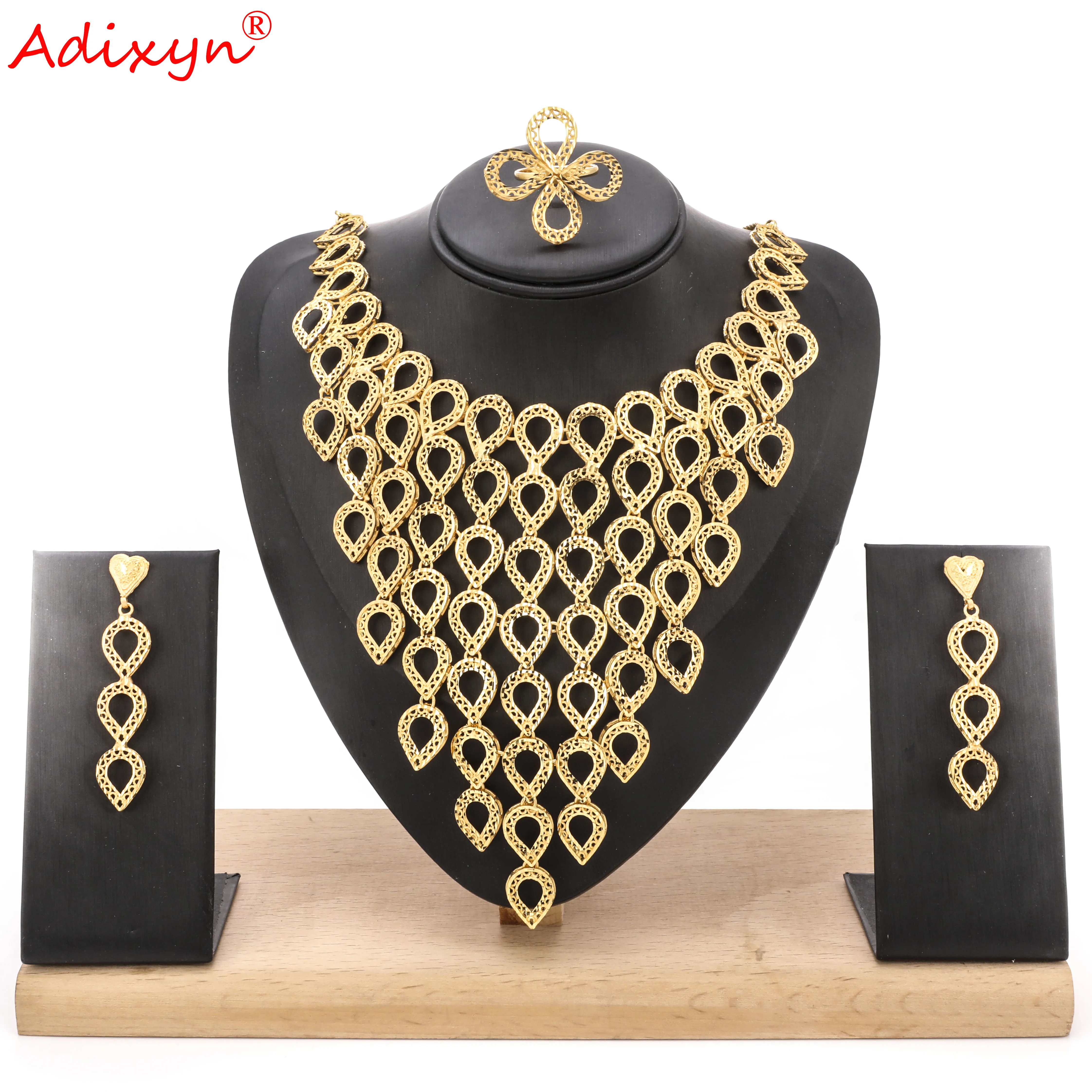 

Adixyn Luxury Dubai Jewelry sets for Women 24K Gold Color Necklace Earrings Ring Indian Nigeria African Bridal Wedding Gifts