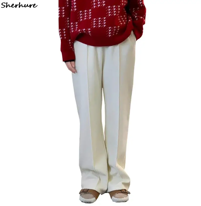 

2022 Spring Pants High Waist Black WhiteThick Straight Pant Women Clothes Women Casual Knitted Warm Trousers