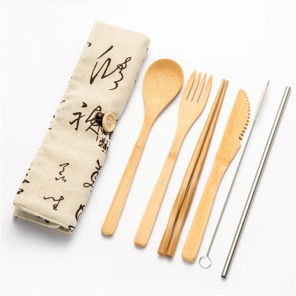 7pcs setA013 Экологичная портативная посуда, деревянные столовые приборы, наборы с удобной ложкой, вилкой, палочками для еды, подарочная посуда для путешествий, обеденные наборы - Цвет: 7pcs setA013