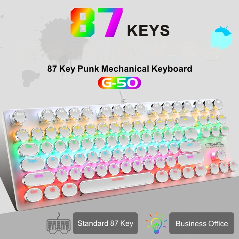 

Wired 87 Keys Green Axis Punk Mechanical Round Keycap RGB USB Backlight Keyboard