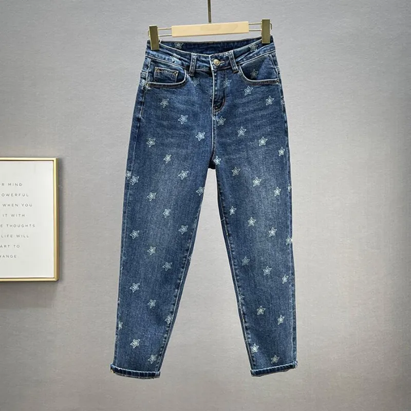 Five-Pointed Star Printed Daddy Jeans Women 2021 New Autumn High Waist Cotton Stretch Loose Denim Harem Pants джинсы s1578