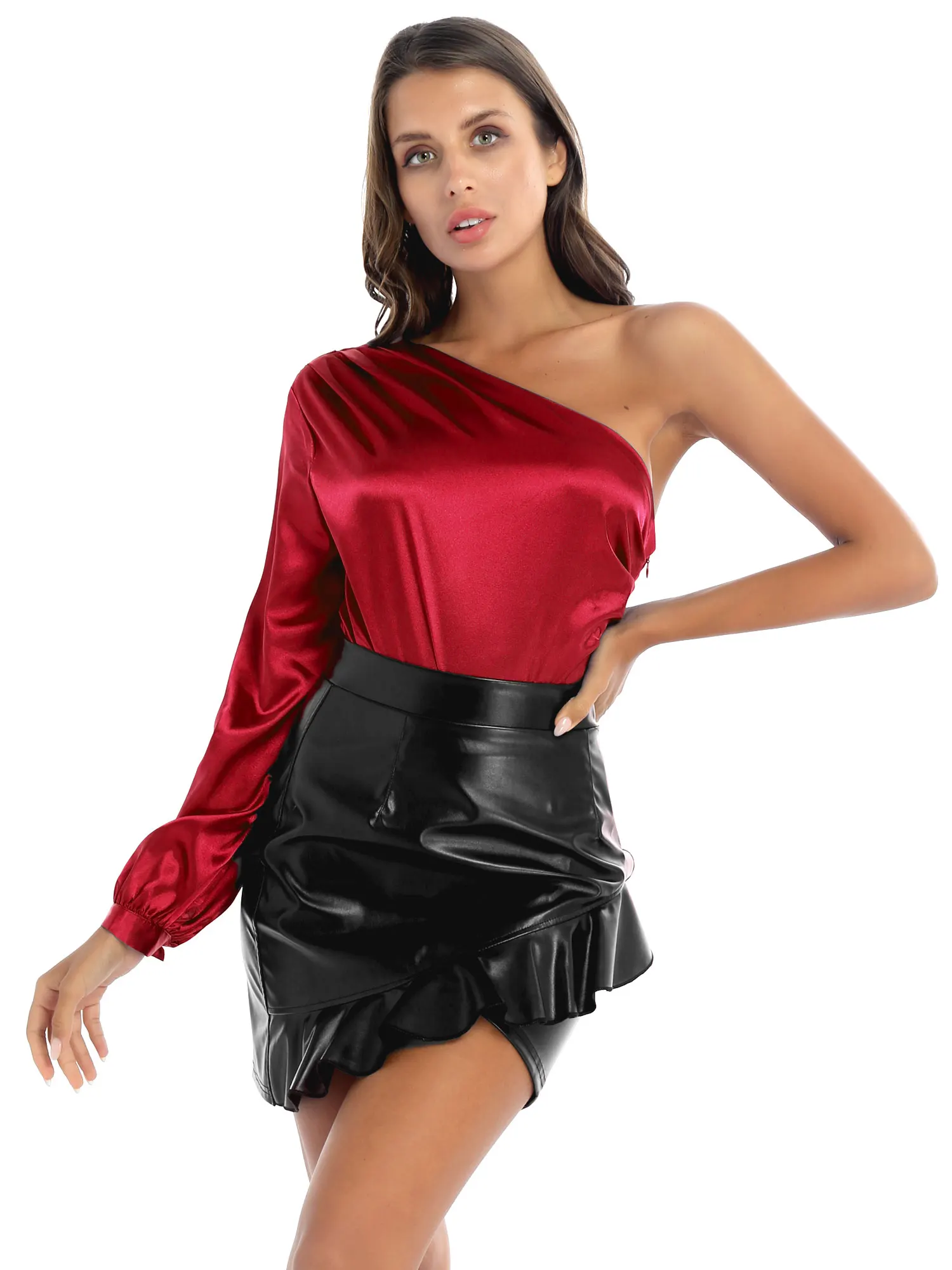 Для женщин платье на одно плечо с длинными рукавами сатиновый костюм