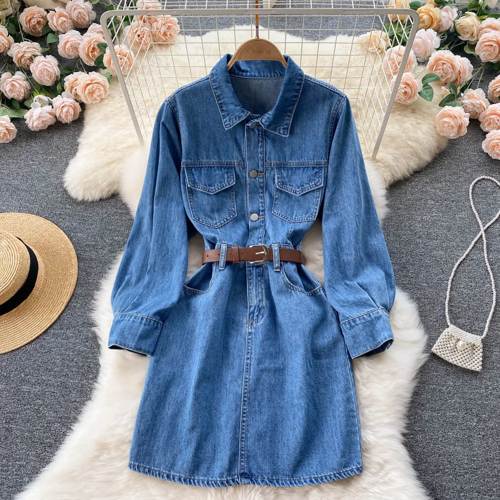 

SINGREINY New Retro Denim Dress Korean Ins Turndown-Collar Long Sleeve A-line Dress Autumn Fashion Streetwear Short Dress Female