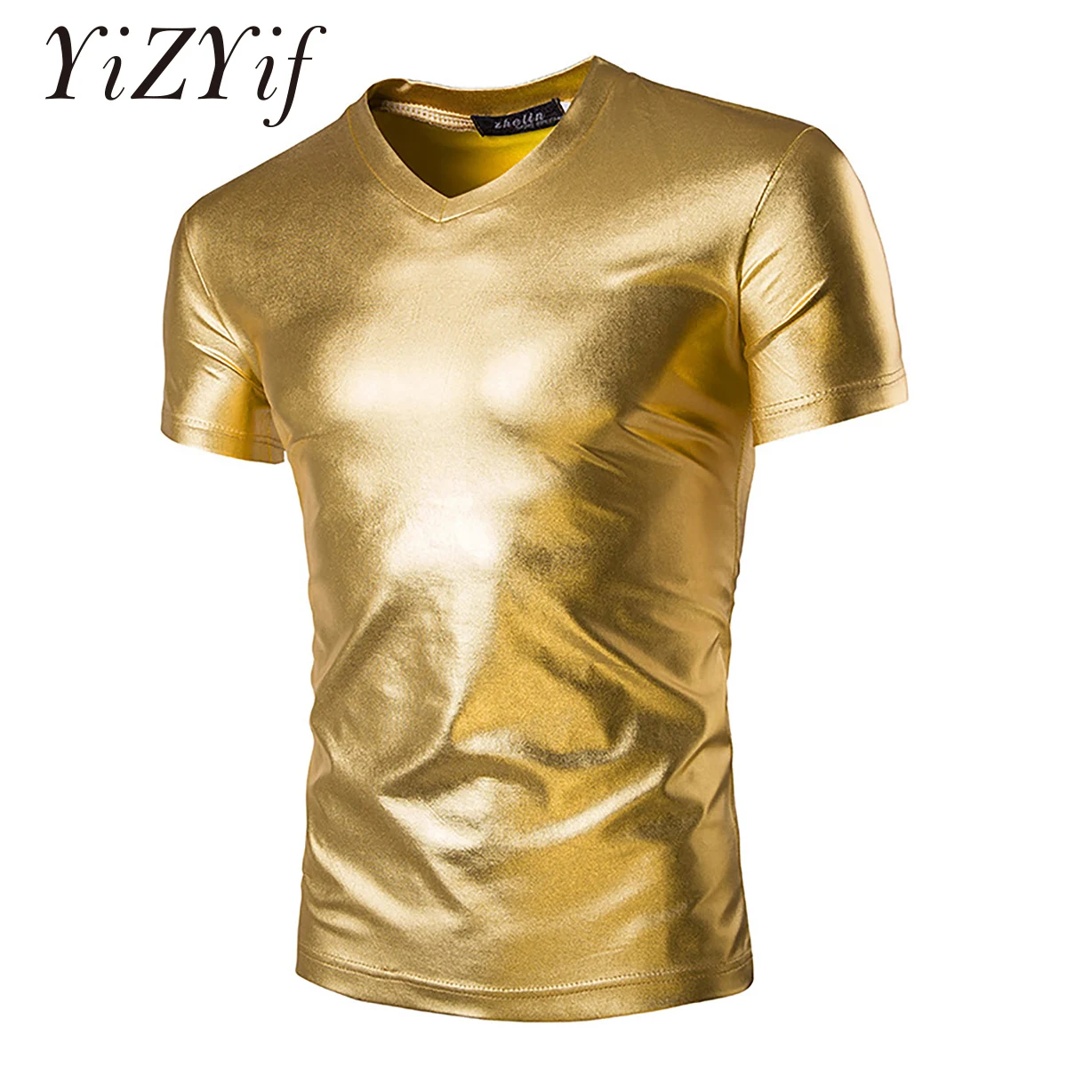 Night Club Wear Mens Shiny Metallic T-shirt Slim Fit Gold Shirt Fashion Men Short Sleeve Tops For Disco Party Club Stage Costume