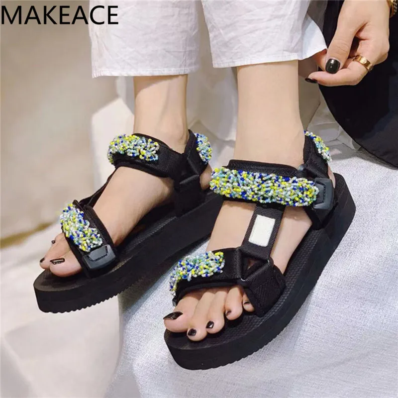 

New Flat Thick Sole Casual Sandals Summer 2021 Soft Real Leather Magic Tape Platform Sandalias Women Comfortable Vacation Shoes
