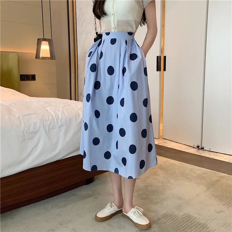 Осенние женские корейские элегантные юбки с высокой талией и принтом в горошек
