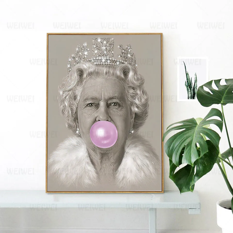 

Bubble Gum Queen Wall Art Print Elizabeth II Nordic Poster Figure Canvas Painting Wall Pictures For Living Room Modern Home Deco