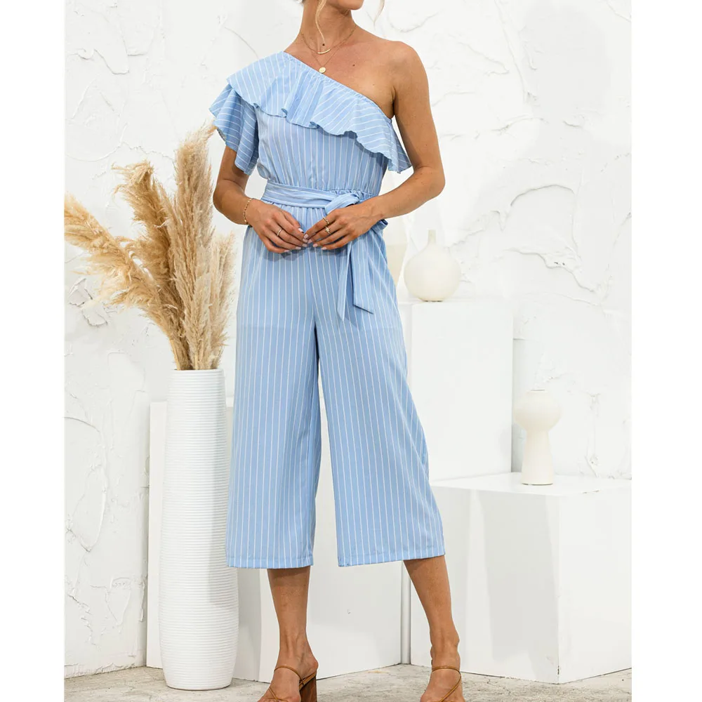 

Slanted Shoulder Ruffle Striped Jumpsuit Women Summer Sashes Lace-up Wide Legs Pants Beach Boho Romper Fashion Streetwear 2021