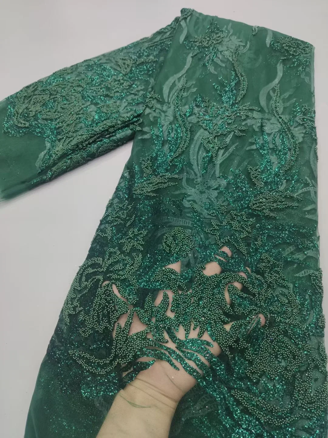 

Африканская кружевная ткань с зелеными бусинами, приклеенная блестящая французская Тюлевая кружевная ткань для вечернего платья, блестяща...