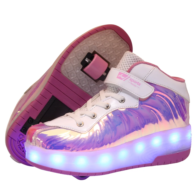

Children Two Wheels Luminous Glowing Sneakers Black Red Pink Led Light Roller Skate Shoes Kids Led Shoes Boys Girls USB Charging