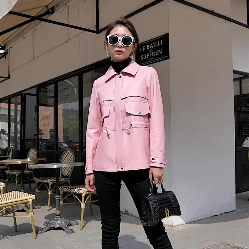 Popular Autumn Spring New Fashion Genuine Leather Jacket Cute Pink Garment Medium Length Lady Sheepskin Coat High Quality