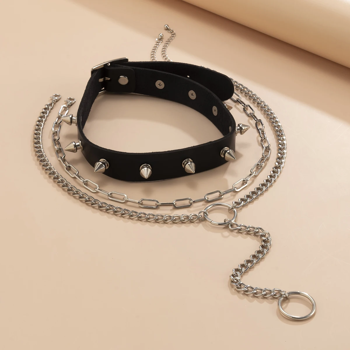 

Punk Spikes Leather Short Choker Necklace Collar for Women Gothic Layered Long Tassel Chain Necklace on the Neck Fashion Jewelry