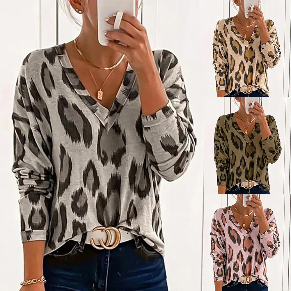 

Women's Fashion V-neck Leopard Print Long-Sleeved T-shirt Top Spring Autumn Tee tShirt Femme Korean Ladies Casual T-Shirt D30