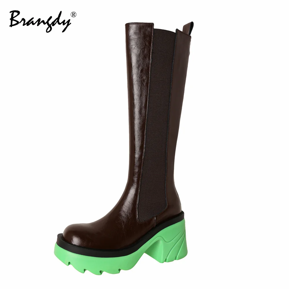 

Brangdy 2022 Women Knee Hight Knight Boots Genuine Leather Fashion Wedges Women Shoes Round Toe Zipper New Women Winter Boots