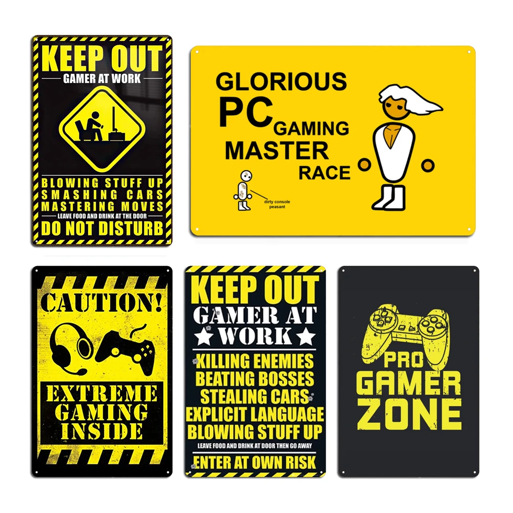 

Gamer Warning Caution Funny Metal Signs pub Kitchen Wall Decor Gamer Zoom Tin sign Gamer At Work Posters