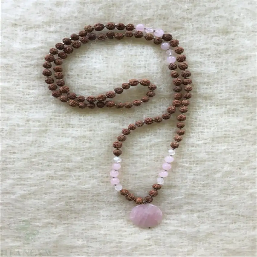 

8mm Rudraksha Pink Crystal Gemstone 108 Beads Mala Bracelet pray yoga Wristband spirituality Unisex Handmade Buddhism