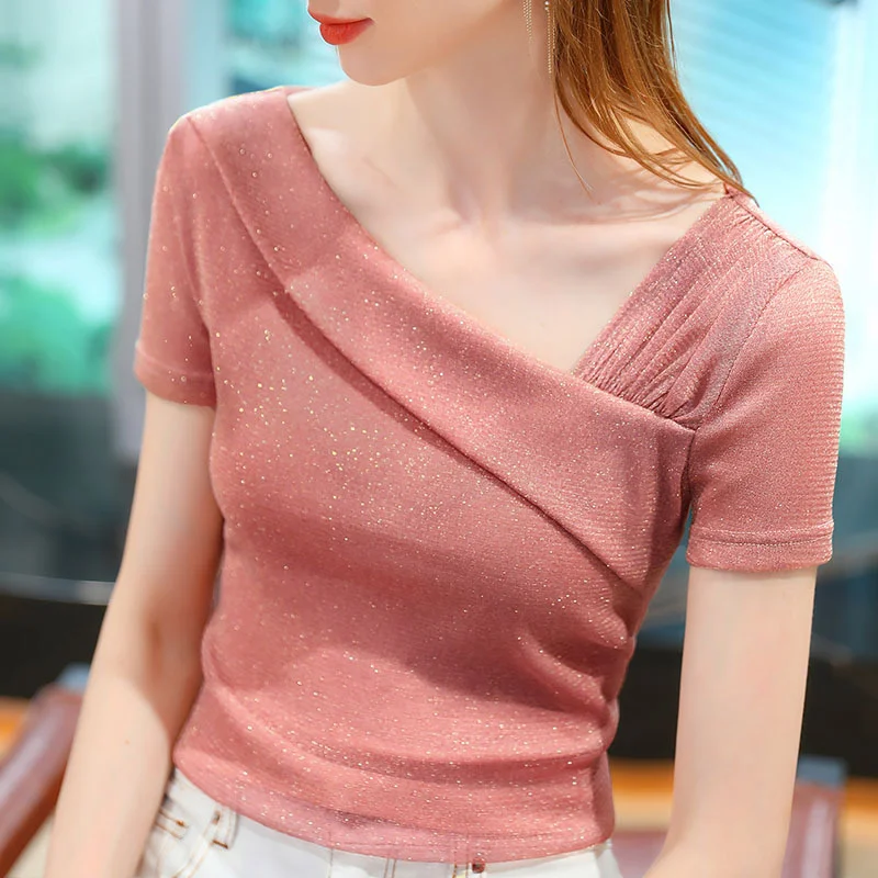 

Bright silk short sleeve T-shirt women's 2021 new summer foreign style small shirt flash silk slant V-neck elegant mesh bottom