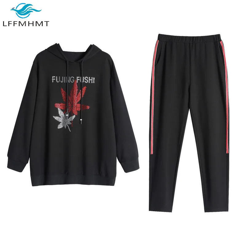 

Large Size Plus Size Long Sleeve Leaves Rhinestone Women Hoodie Sweatshirt Female Elastic Waist Pant Casual Loose Two Pieces Set