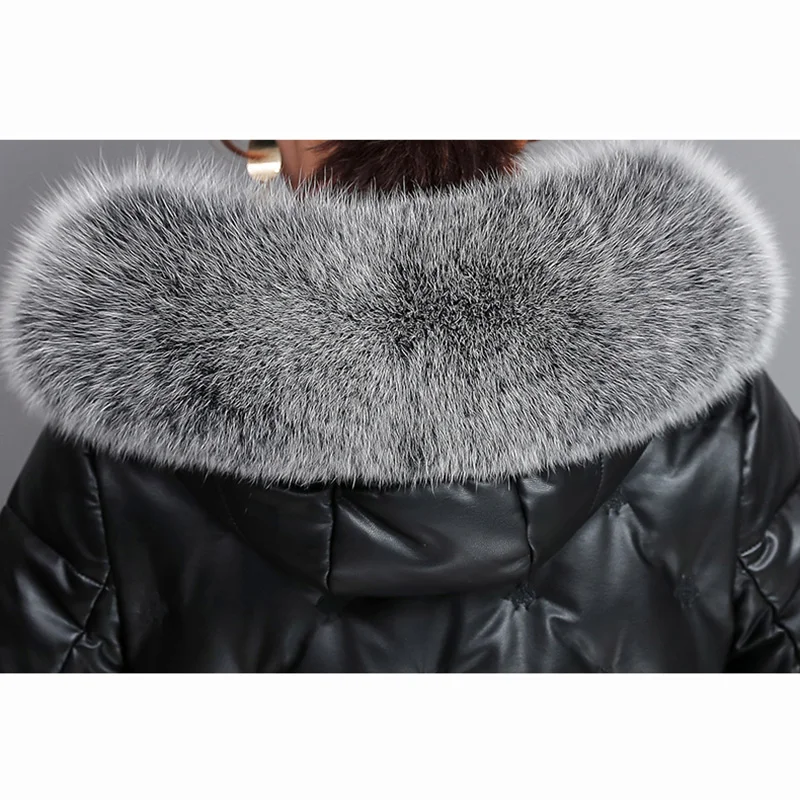 New Women Sheepskin Down Jacket Autumn Winter 2022 Fashion Real Fox Fur Collar Hooded Embroidery Slim Long Leather Overcoat