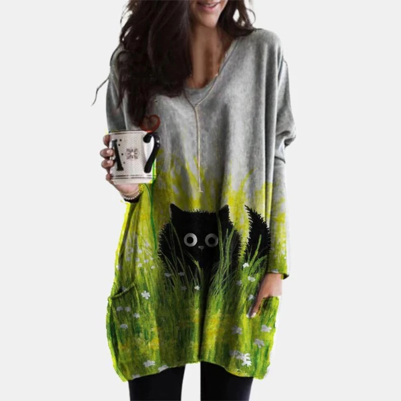 

Новое платье с рисунком котенка, платье для женщин, с круглым вырезом, футболка с карманом рубашка платье для женщин с мини-юбкой и длинным р...