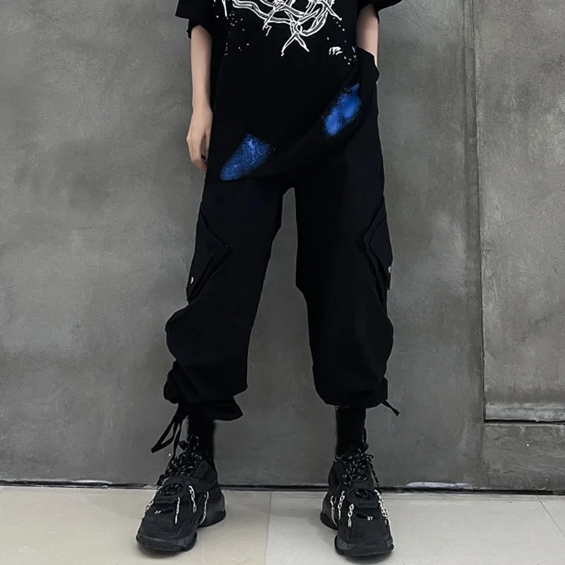 

Drawstring Pockets High Elastic Waist Long Trousers Loose Cargo Pants Women Fashion Tide Spring Summer 2021 E089