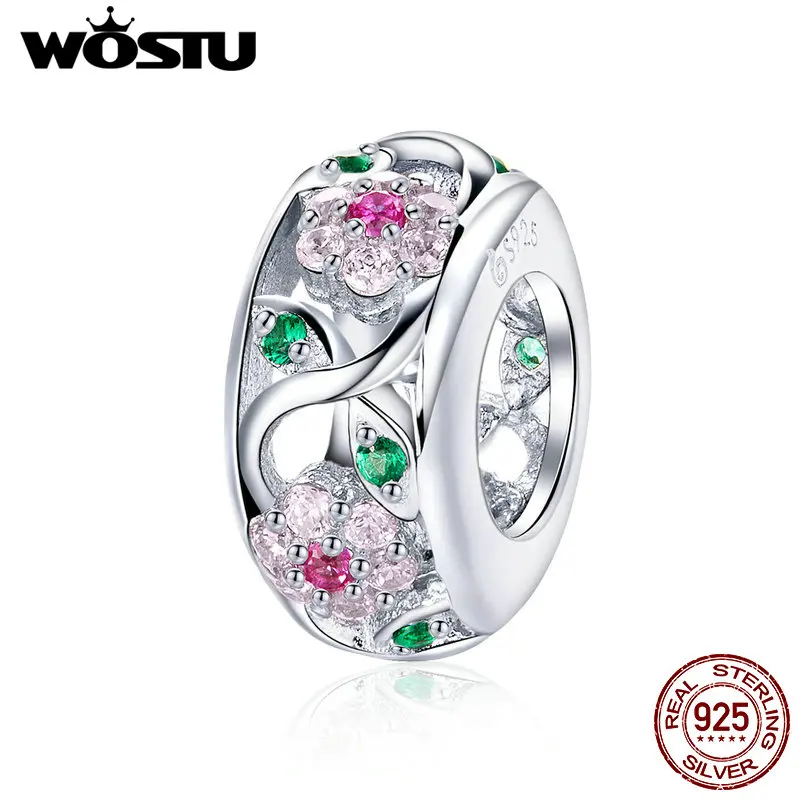WOSTU роскошный 925 пробы Серебряный цветок бусины циркониевые амулеты подходит браслет и браслеты для женщин вечерние радужные ювелирные изделия CTC039
