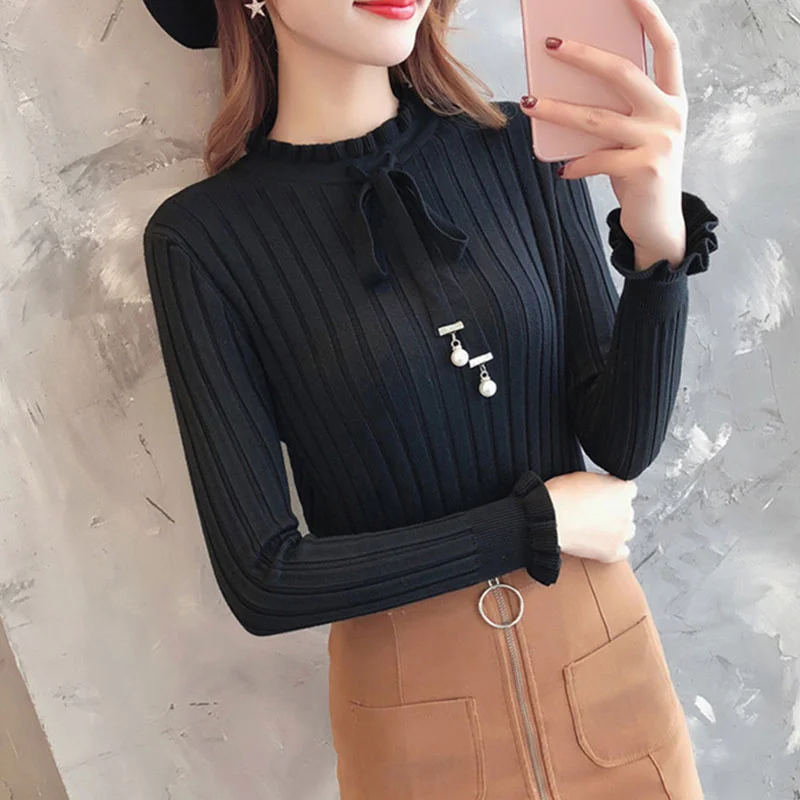 

Flower Neck Women Trui Winter Clothes Women Used Solid Long Mouths Korean Fashion Trui Women Women's Trunks Black Pink