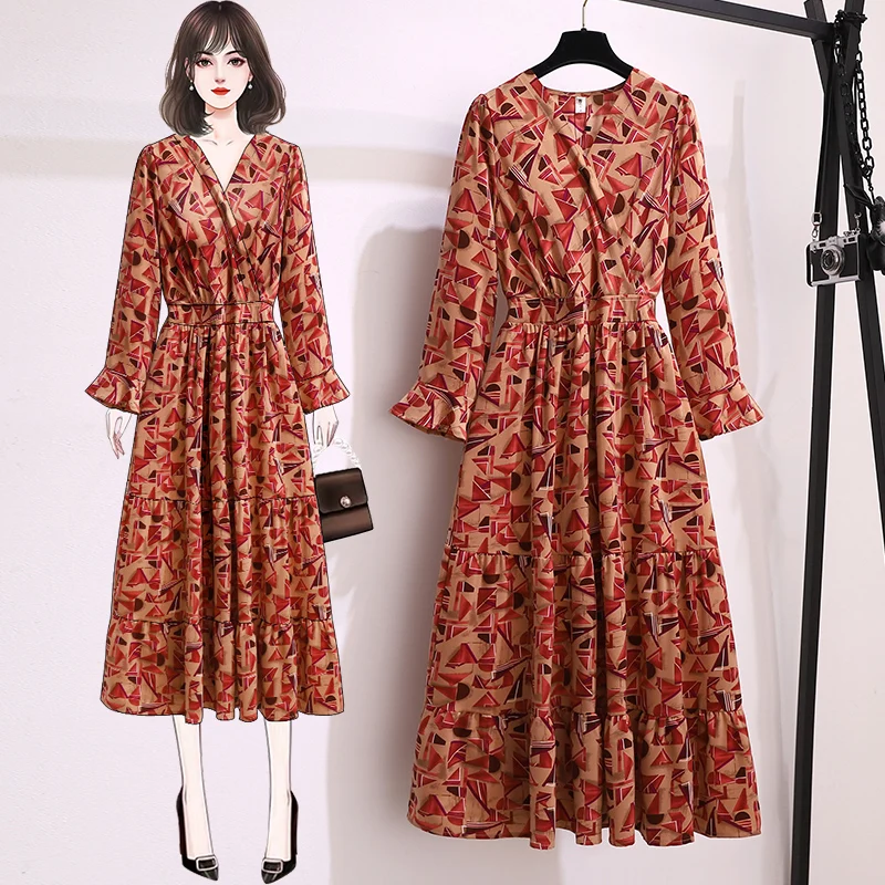 

4XL Plus Size Women Vintage Chiffon Warp Dresses Spring 2021 Fashion V-neck Long Sleeve Ladies Loose Ruffle Print Long Dress