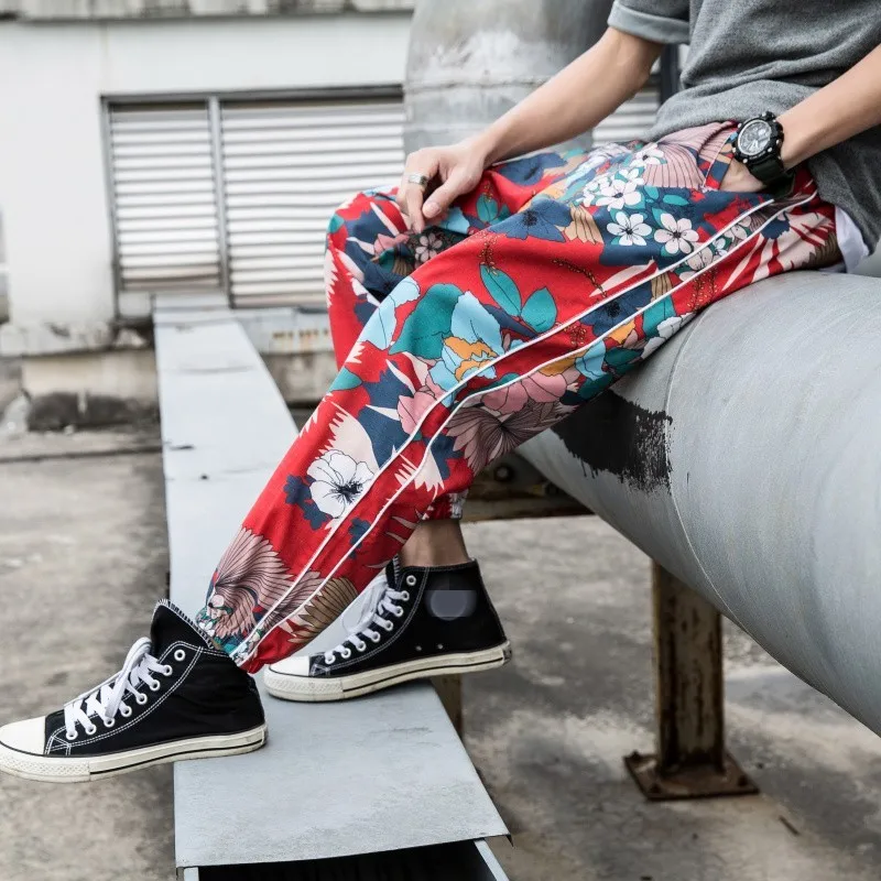 

Fashion Ethnic Style Printed Flower Harem Pants Men Loose Personality Casual Sweatpants Male Harajuku Ankle Length Trousers New