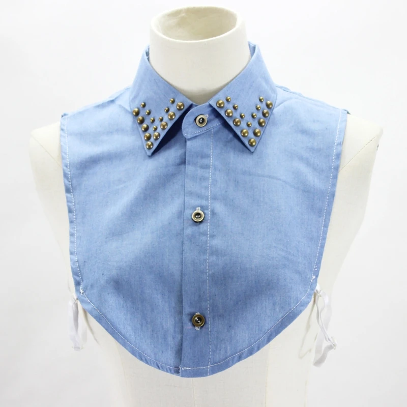 

Women Vintage Bronze Bead Studded Lapel False Fake Collar Button Down Punk Style Detachable Denim Blue Half Shirt Dickey