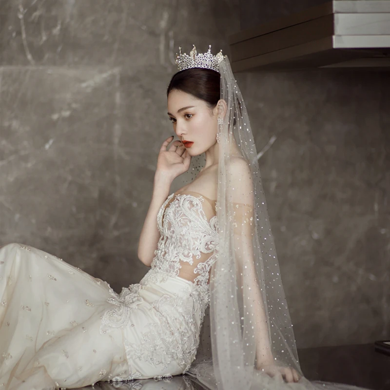 Элегантная блестящая длинная свадебная фата с блестками белая чистая вуаль для