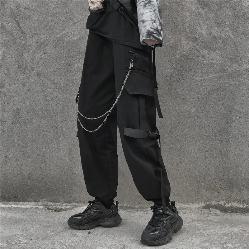 Эластичный пояс карго с высокой талией ленточный карманами цепь в стиле панк