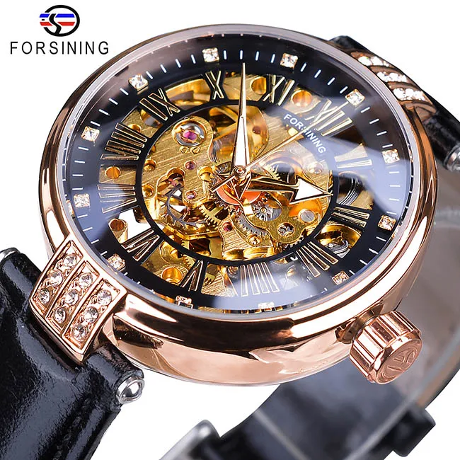 GMT1136-2 Forsining, золотой скелет, бриллиантовый дизайн, красный ремешок из натуральной кожи, водонепроницаемые женские механические часы, Топ бренд, роскошные часы - Цвет: GMT1136-2