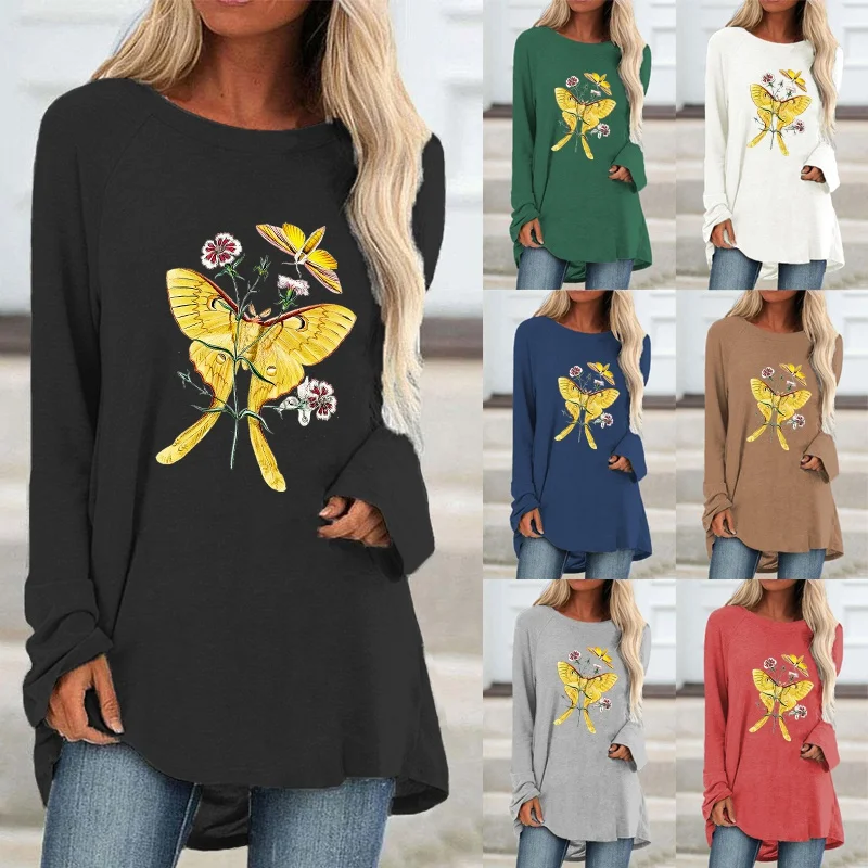 

Autumn Women Fashion Casual Butterfly Printed Round Neck Long Sleeved Shirts & Tops Loose Ladies Graphic T-shirt Plus Size
