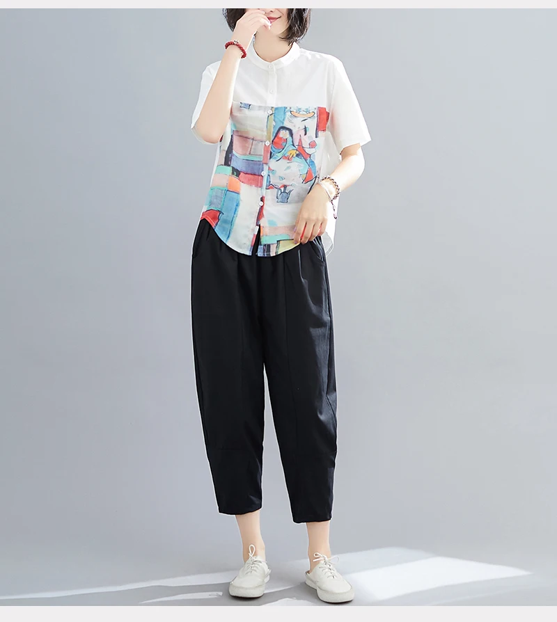 

Houthion Cotton Hemp Women's Blouses Short Sleeve Top Plus Size Shirt Printed New Korean Casual Tops Fashion Blouse O-Neck