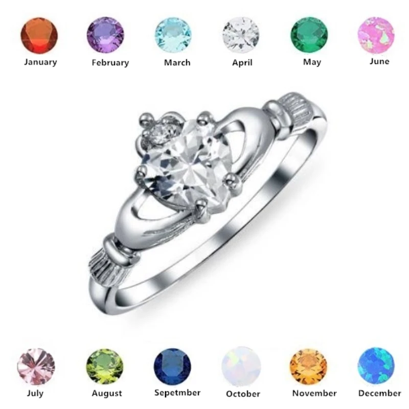 Love Heart Ring with Birthstone Silver Plated Irish Claddagh Wedding Engagement Rings for Women Best Christmas Lover Gift