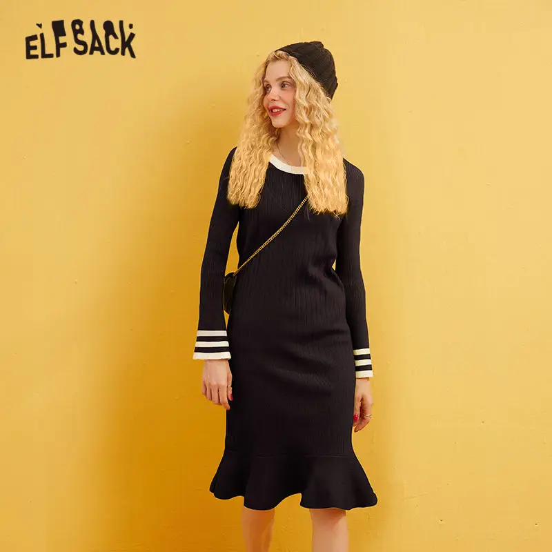 Женское вязаное платье ELFSACK разноцветное однотонное с оборками и длинными