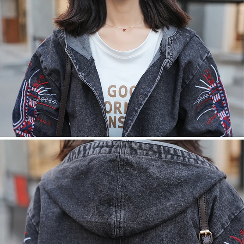 Женская джинсовая куртка средней длины с капюшоном и вышивкой| |