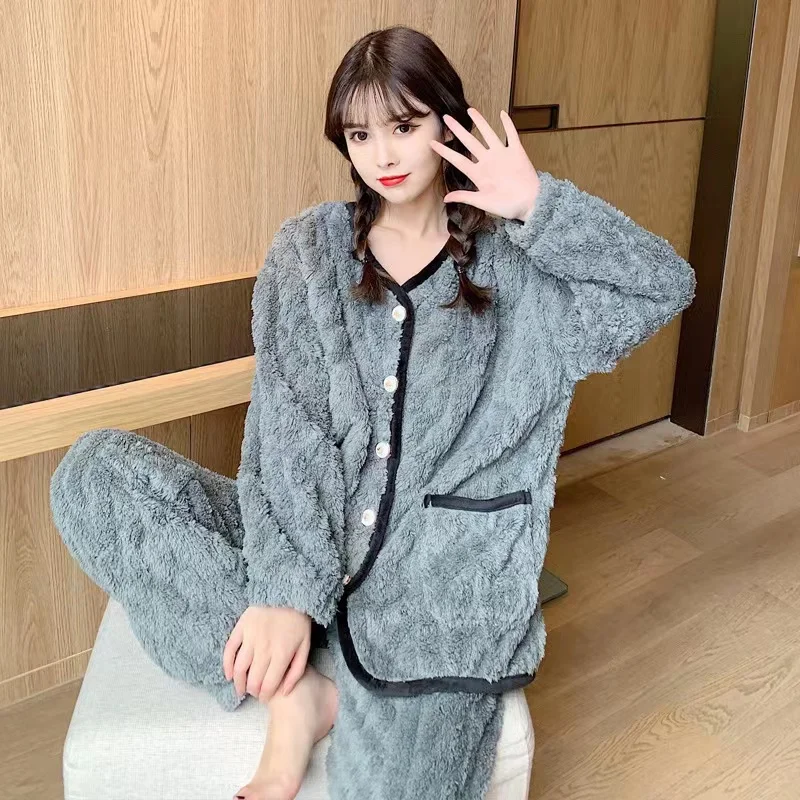 Pajamas Women's Autumn And Winter Solid Color V-Neck Cardigan Linen Pattern Plus Velvet Thickening Home Service Suit