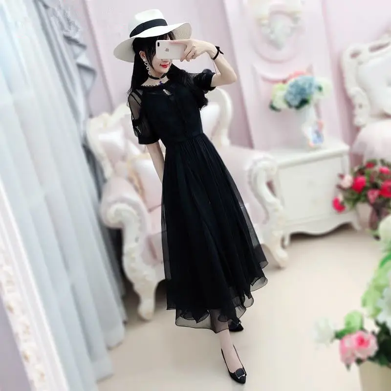 

2021 Women Spring Summer Vintage Patchwork Dress Lady Mesh Short Sleeves O-neck Vestido Female Casual Solid Pleated Dresses D690