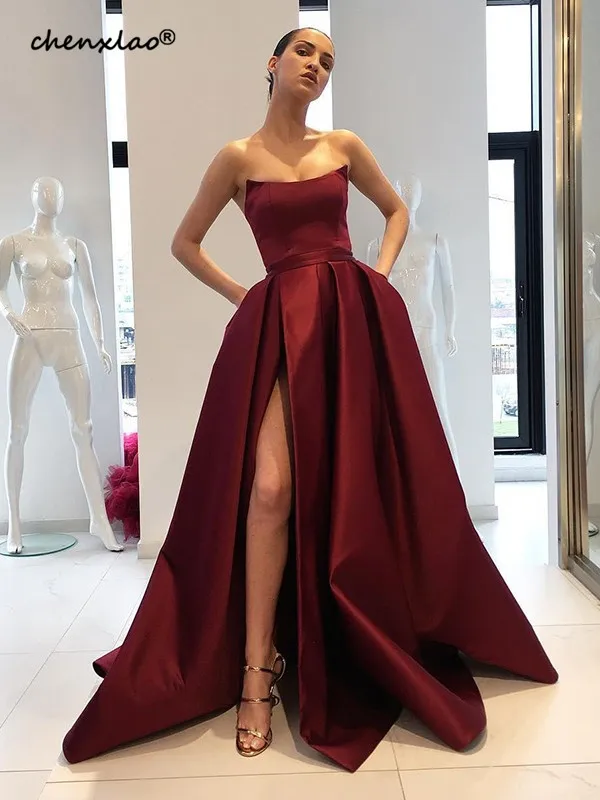 

Vestido De Festa Brugundy Evening Dress Formal Party Gowns A-Line High Split Evening Dresses Prom Dress Robe De Soiree