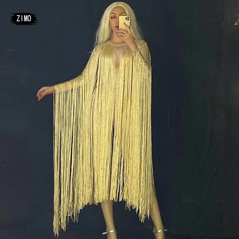 Сексуальное золотистое длинное боди с бахромой костюм для сцены вечерние