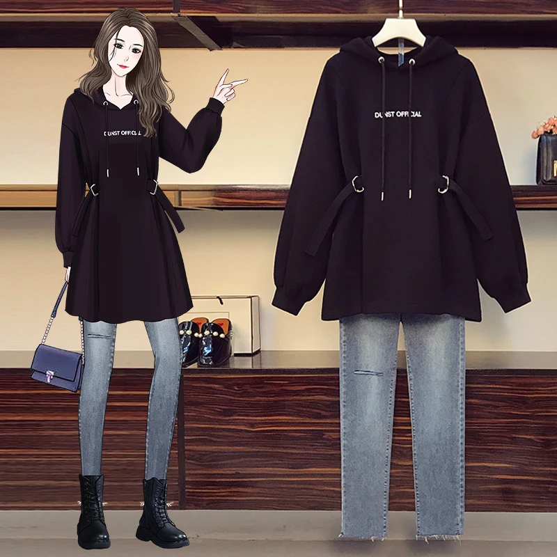 Женский спортивный костюм из двух предметов толстовка с капюшоном и джинсовые