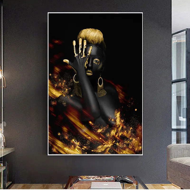 Картина в скандинавском стиле с африканскими черными и золотыми искусственными