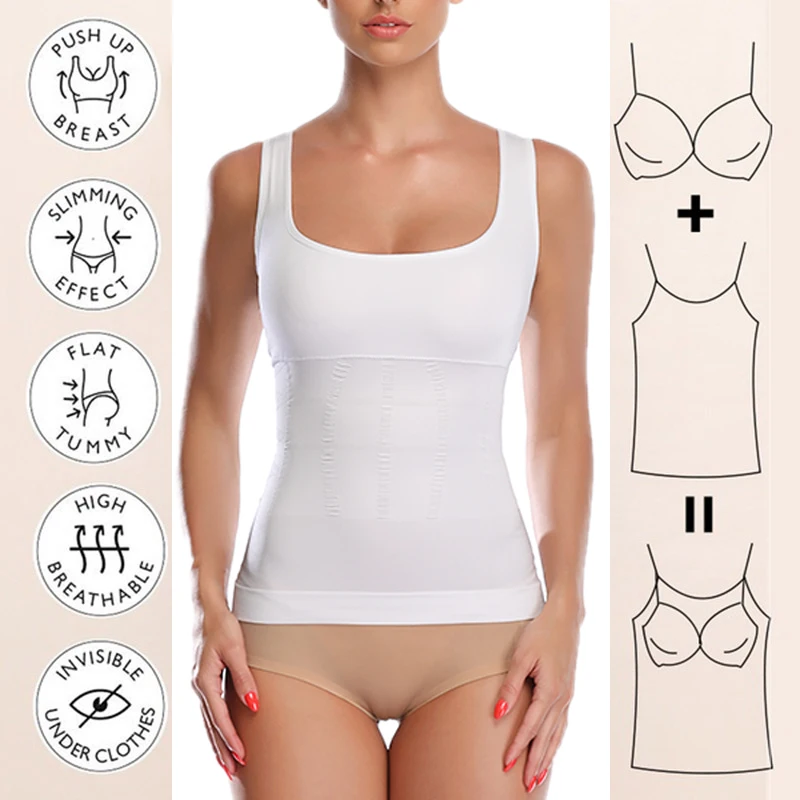 Women's Tank Top Cami Shaper Removable Pads Tummy Control Shapewear Camisole Seamless Compression Shaping Tops with Built in Bra